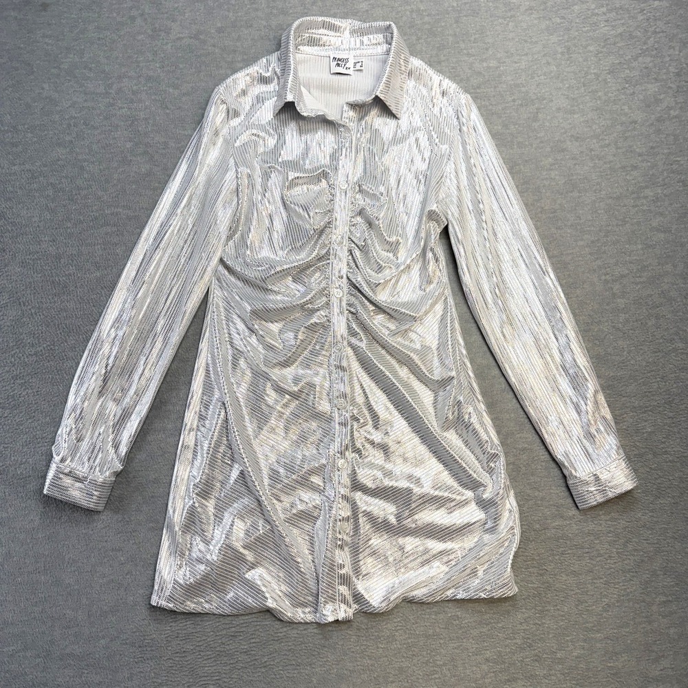 Princess Polly Zena Mini Dress Womens 8 S Silver Sparkle Button Up Collar Party